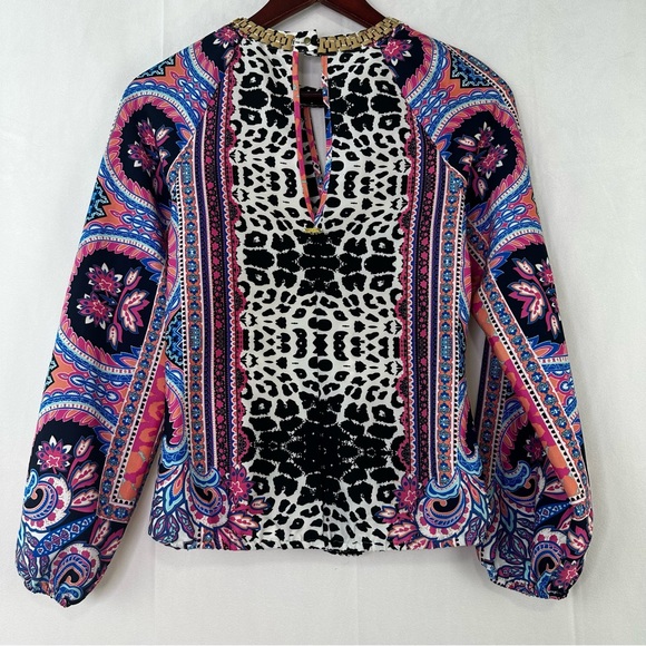 Bebe Blouse Formal Necklace Colorful Keyhole Gold Date Evening Printed XS Top - Picture 8 of 9